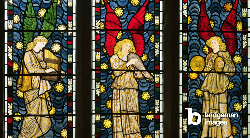 Musical Angels, detail of the Lower Half of the Angels Window, (1869), Morris, William (1834-96) / Church of St. Michael, Tilehurst, Berkshire, UK / Martyn O'Kelly Photography / Bridgeman Images