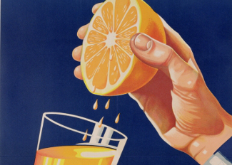 Poster with a glass of Orange Juice, c.1947 (colour litho), Israeli School (20th Century) / Private Collection / DaTo Images